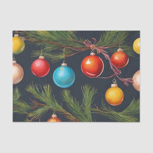 Colorful Christmas Ornaments Hanging on Tree  Tissue Paper (Front)