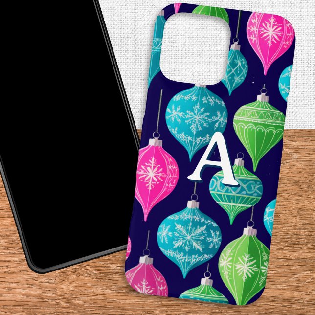 Colorful Christmas Ornaments Monogrammed Case-Mate iPhone Case (A phone case with modern and colorful Christmas ornaments pattern, personalized with a monogram)