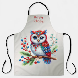 Colorful Christmas Owl Holiday Apron