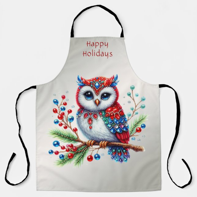 Colorful Christmas Owl Holiday Apron (Front)