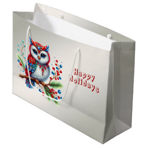 Colorful Christmas Owl Holiday Gift Bag