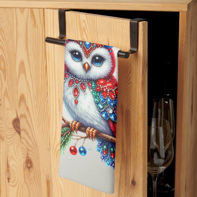 Colorful Christmas Owl Holiday Kitchen Towel (Thirds Fold)