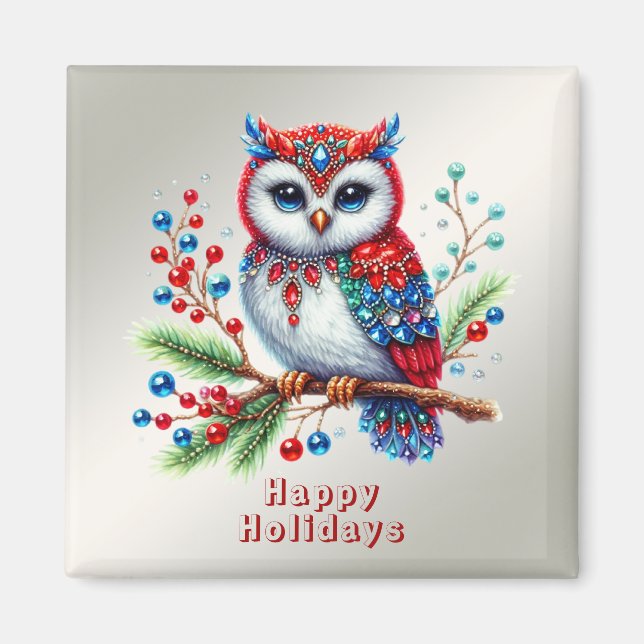 Colorful Christmas Owl Holiday Magnet (Front)