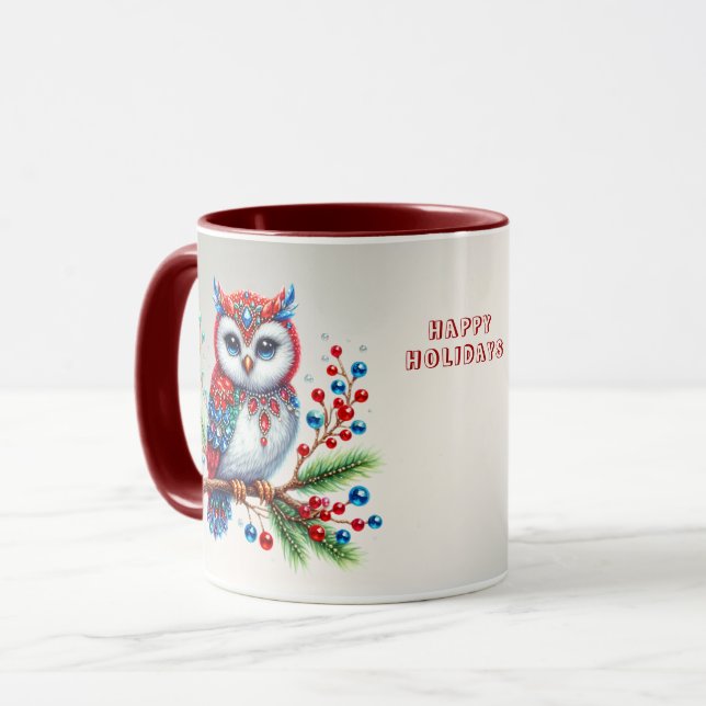 Colorful Christmas Owl Holiday Mug (Front Left)
