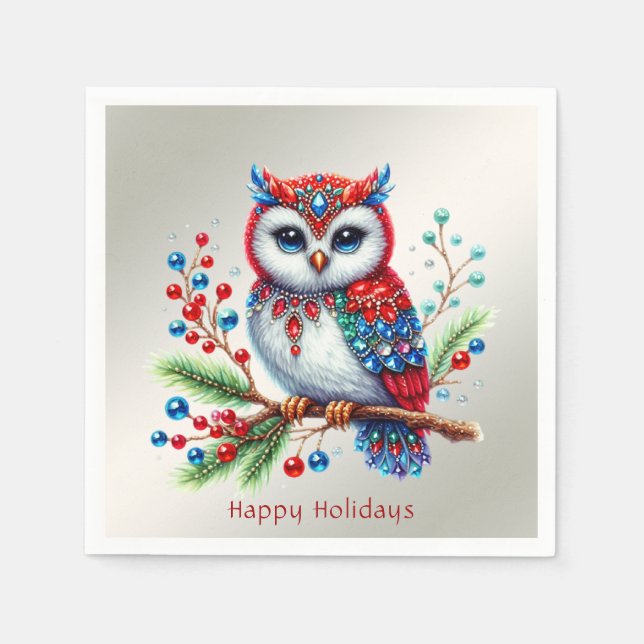 Colorful Christmas Owl Holiday Napkin (Front)