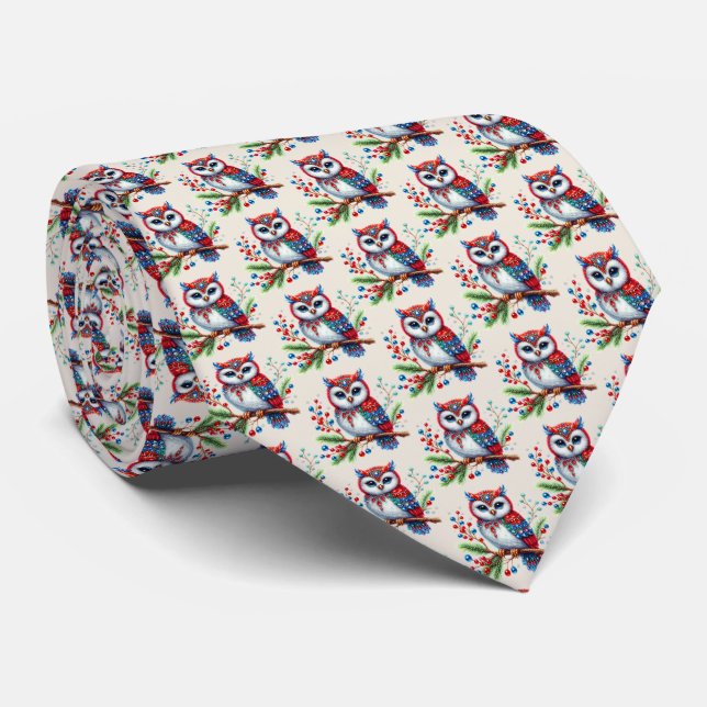 Colorful Christmas Owl Holiday Neck Tie (Rolled)