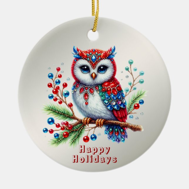 Colorful Christmas Owl Holiday Ornament (Front)