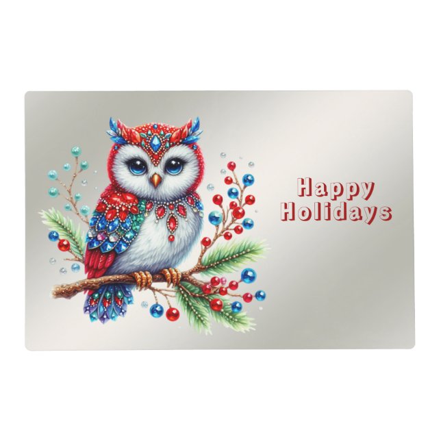Colorful Christmas Owl Holiday Paper Placemat (Front)