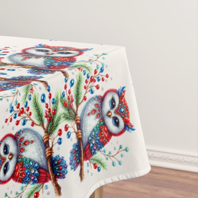 Colorful Christmas Owl Holiday Tablecloth (In Situ)