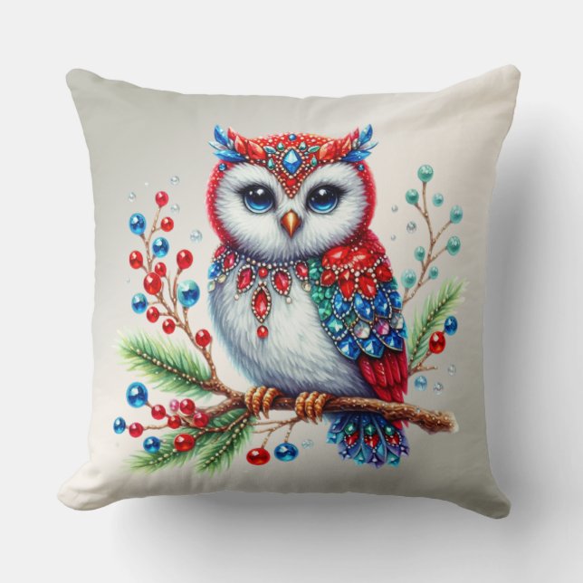 Colorful Christmas Owl Holiday Throw Pillow (Front)