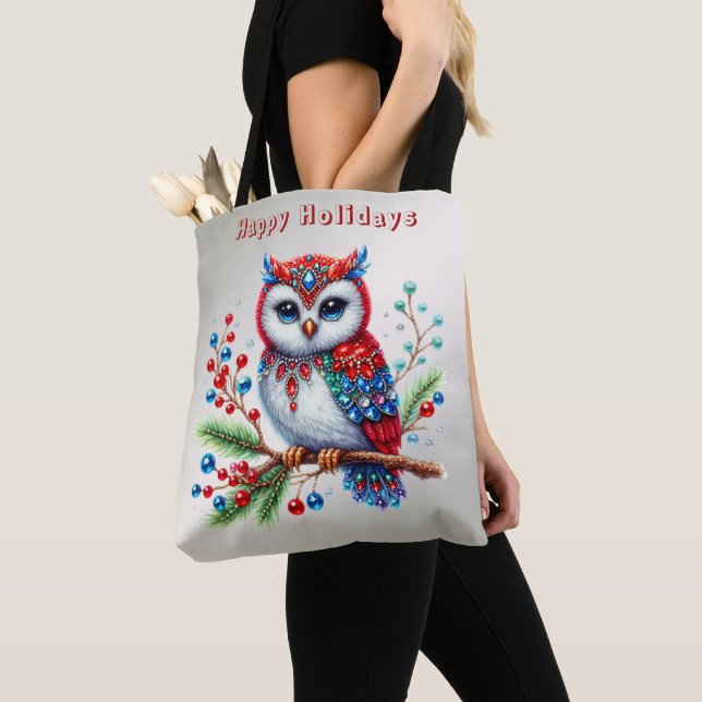 Colorful Christmas Owl Holiday Tote Bag (Close Up)