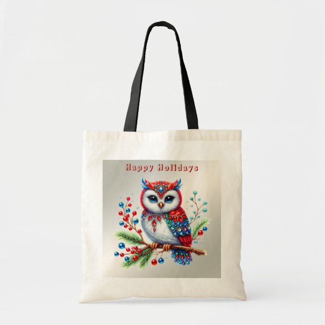 Colorful Christmas Owl Holiday Tote Bag (Front)
