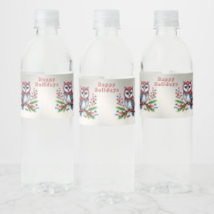 Colorful Christmas Owl Holiday Water Bottle Label