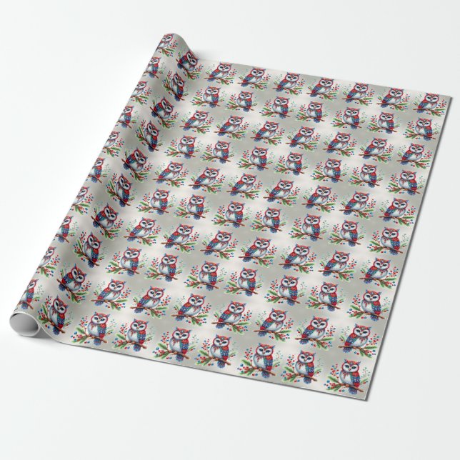 Colorful Christmas Owl Holiday Wrapping Paper (Unrolled)