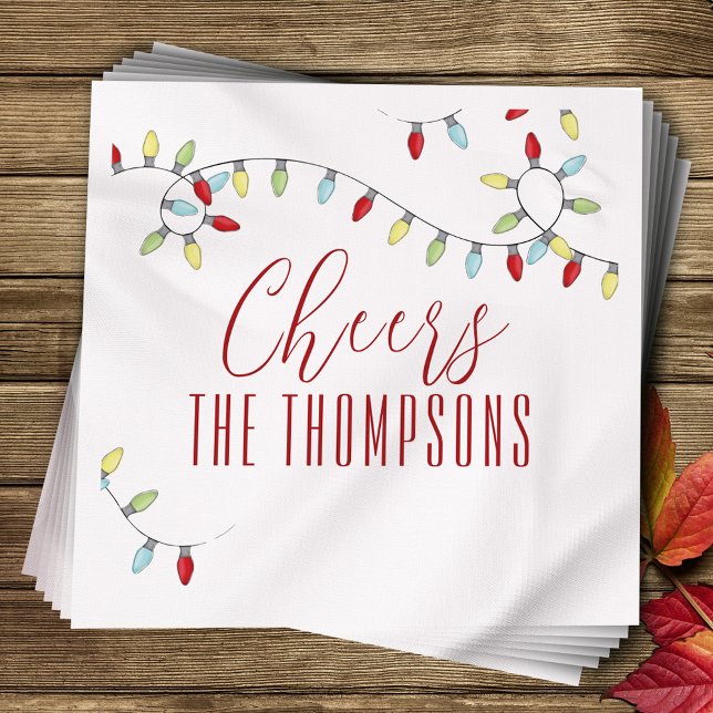 Colorful Christmas Party Cheers Custom Napkins (Cheers custom whimsical holiday bulb lights paper napkin.)