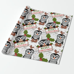 Colorful Christmas Pattern Cute Penguin Wrapping Paper