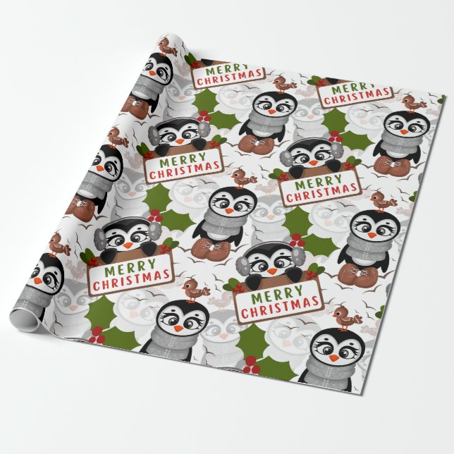 Colorful Christmas Pattern Cute Penguin Wrapping Paper (Unrolled)