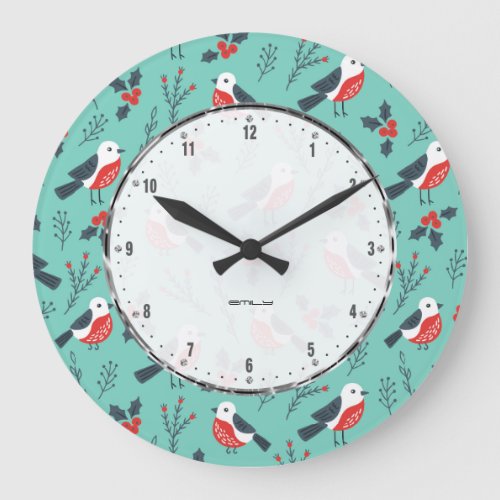 Colorful Christmas Pattern With Cute Birds Large Clock