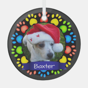 Colorful Christmas Paws Custom Pet Photo Glass Ornament