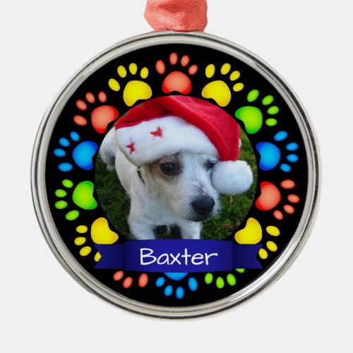 Colorful Christmas Paws Custom Pet Photo Name Metal Ornament