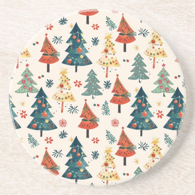 Colorful Christmas Pine Trees Seamless Pattern Coaster (Front)