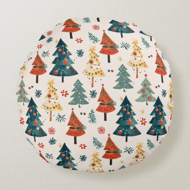 Colorful Christmas Pine Trees Seamless Pattern Round Pillow (Front)