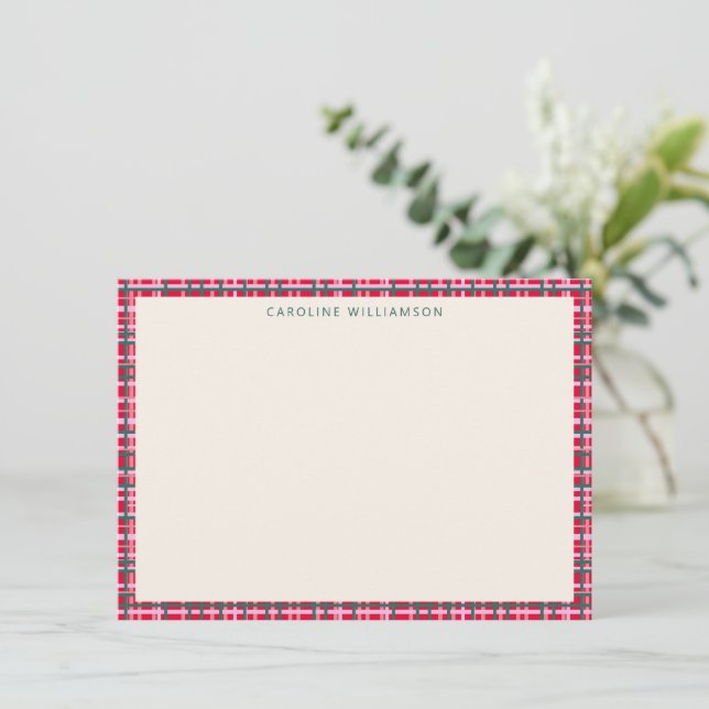 Colorful Christmas Plaid Border Personalized Name  Note Card (Standing Front)