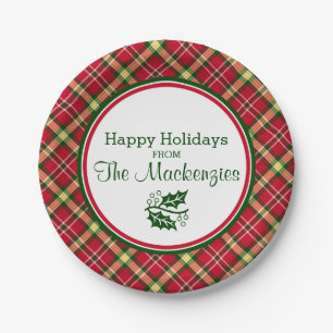 Colorful Christmas Plaid Personalized Paper Plates