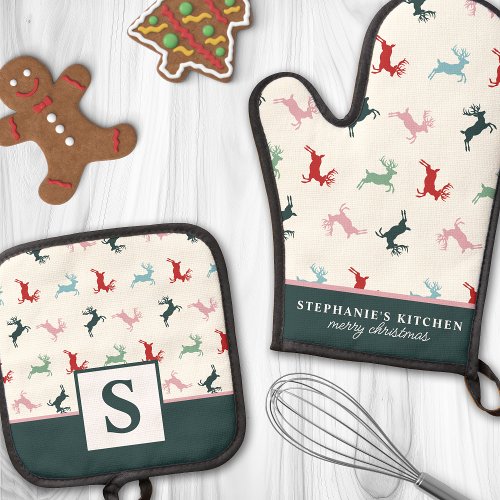 Oven Mitts 11 Colorful Christmas Reindeer Monogrammed Oven Mitt &Amp;Amp; Pot Holder Set