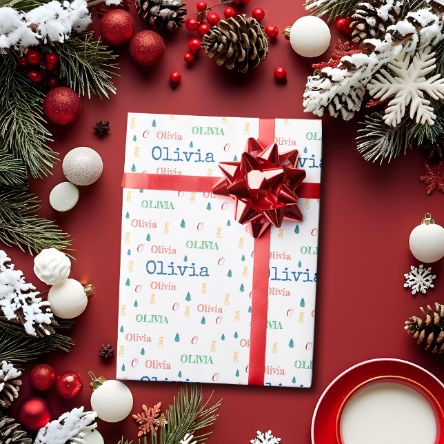 Colorful Christmas Repeating Name Personalized Wrapping Paper (Creator Uploaded)