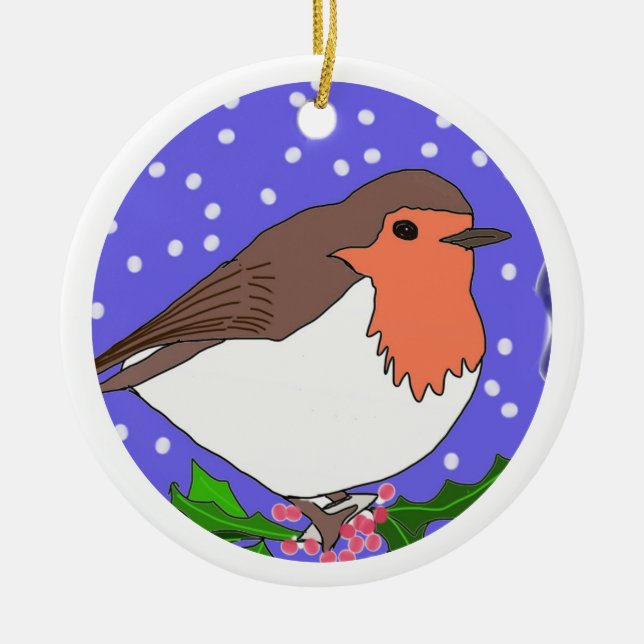 Colorful Christmas Robin Traditional Ceramic Ornament (Front)
