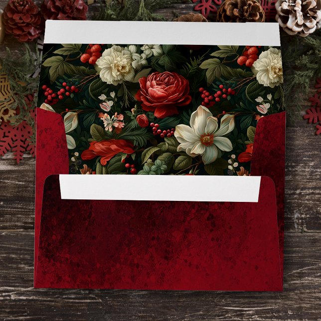 Colorful Christmas Roses, Pine and Holly Wedding Envelope (Creator Uploaded)
