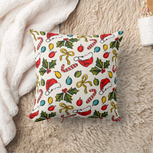 Colorful Christmas Sketches Pattern Throw Pillow