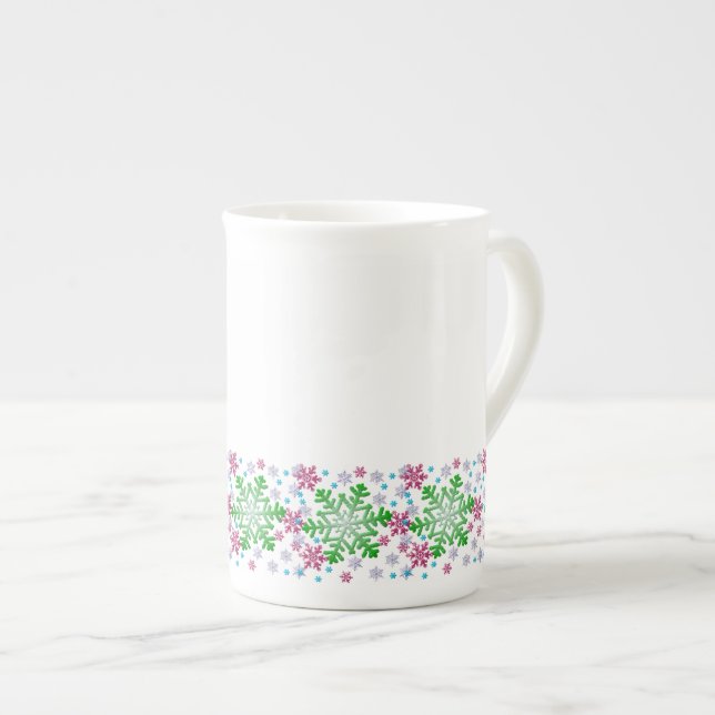 Colorful Christmas Snowflake Bone China Mug (Front Right)