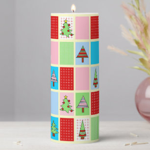 Colorful Christmas Squares Pattern Pillar Candle