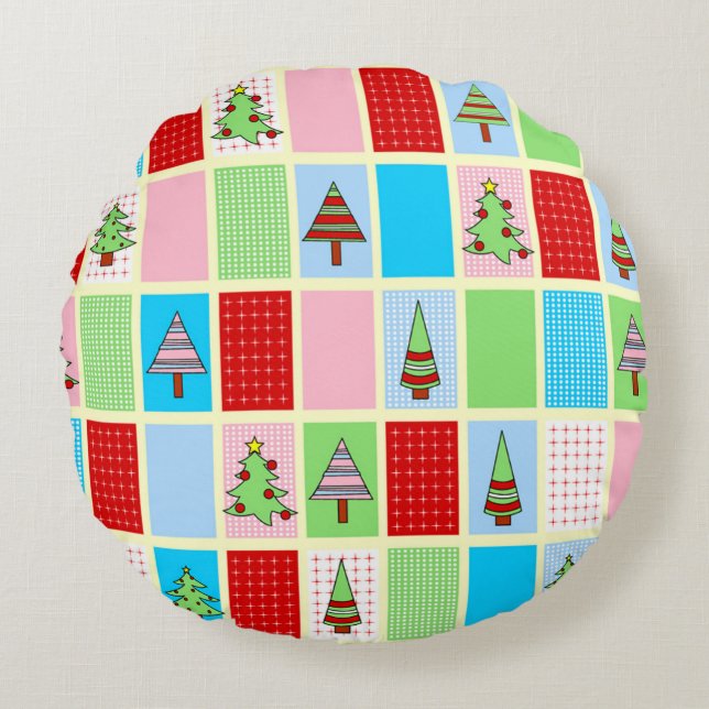 Colorful Christmas Squares Round Pillow (Front)