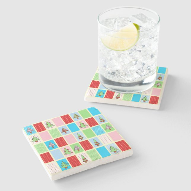 Colorful Christmas Squares Stone Coaster (Side)