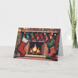 Colorful Christmas Stockings and Fireplace  Holiday Card