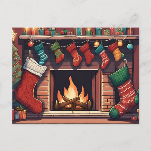 Colorful Christmas Stockings and Fireplace  Postcard (Front)