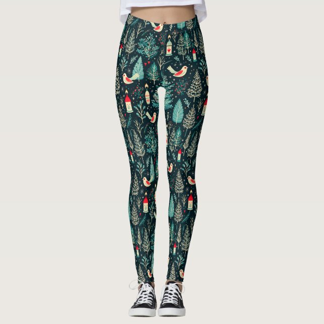 Colorful Christmas symbols and birds pattern Leggings (Front)