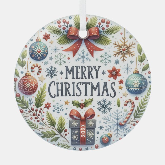 Colorful Christmas Symbols-Merry Christmas Text Glass Ornament (Front)