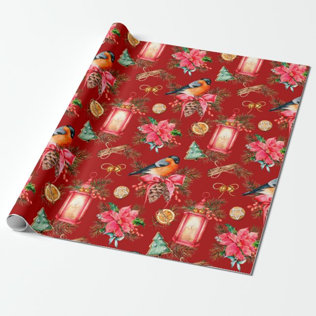 Colorful Christmas symbols pattern Red Background Wrapping Paper (Unrolled)