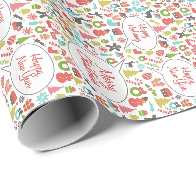 Colorful Christmas Symbols White Background Wrapping Paper (Roll Corner)