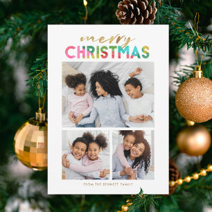 Colorful Christmas Three Photo Collage Holiday Card