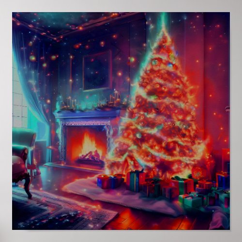 Colorful Christmas Tree And Fireplace Poster