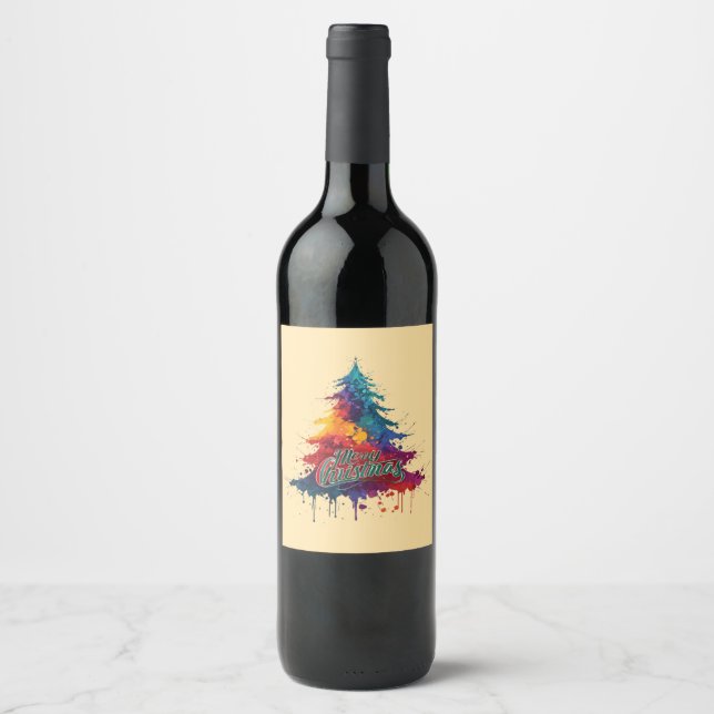 Colorful Christmas Tree Art - Merry Christmas Deco Wine Label (Front)