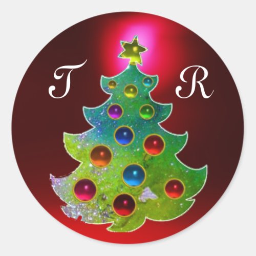 COLORFUL CHRISTMAS TREE IN GREEN GOLD SPARKLES CLASSIC ROUND STICKER