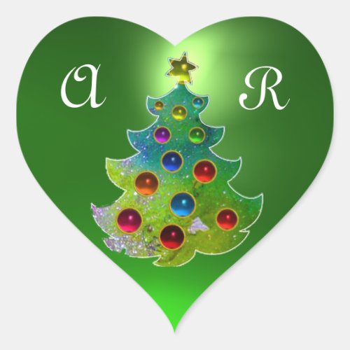 COLORFUL CHRISTMAS TREE IN GREEN GOLD SPARKLES HEART STICKER