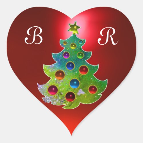 COLORFUL CHRISTMAS TREE IN GREEN GOLD SPARKLES HEART STICKER