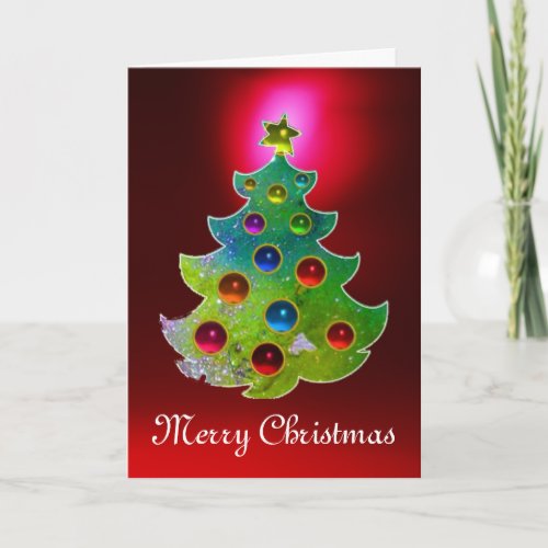 COLORFUL CHRISTMAS TREE IN GREEN GOLD SPARKLES HOLIDAY CARD